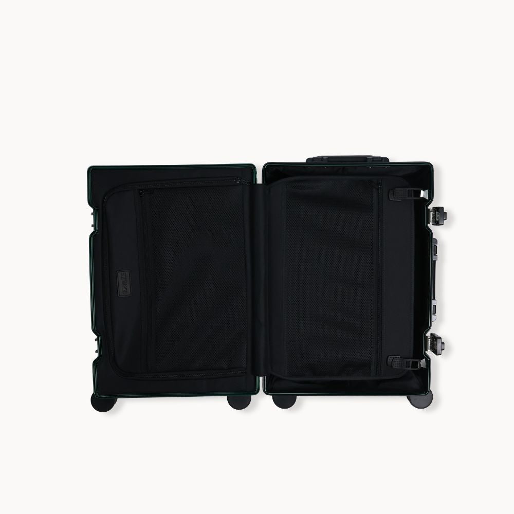CHAVELLE aluminium suitcase stone green open view showing spacious interior and compartments