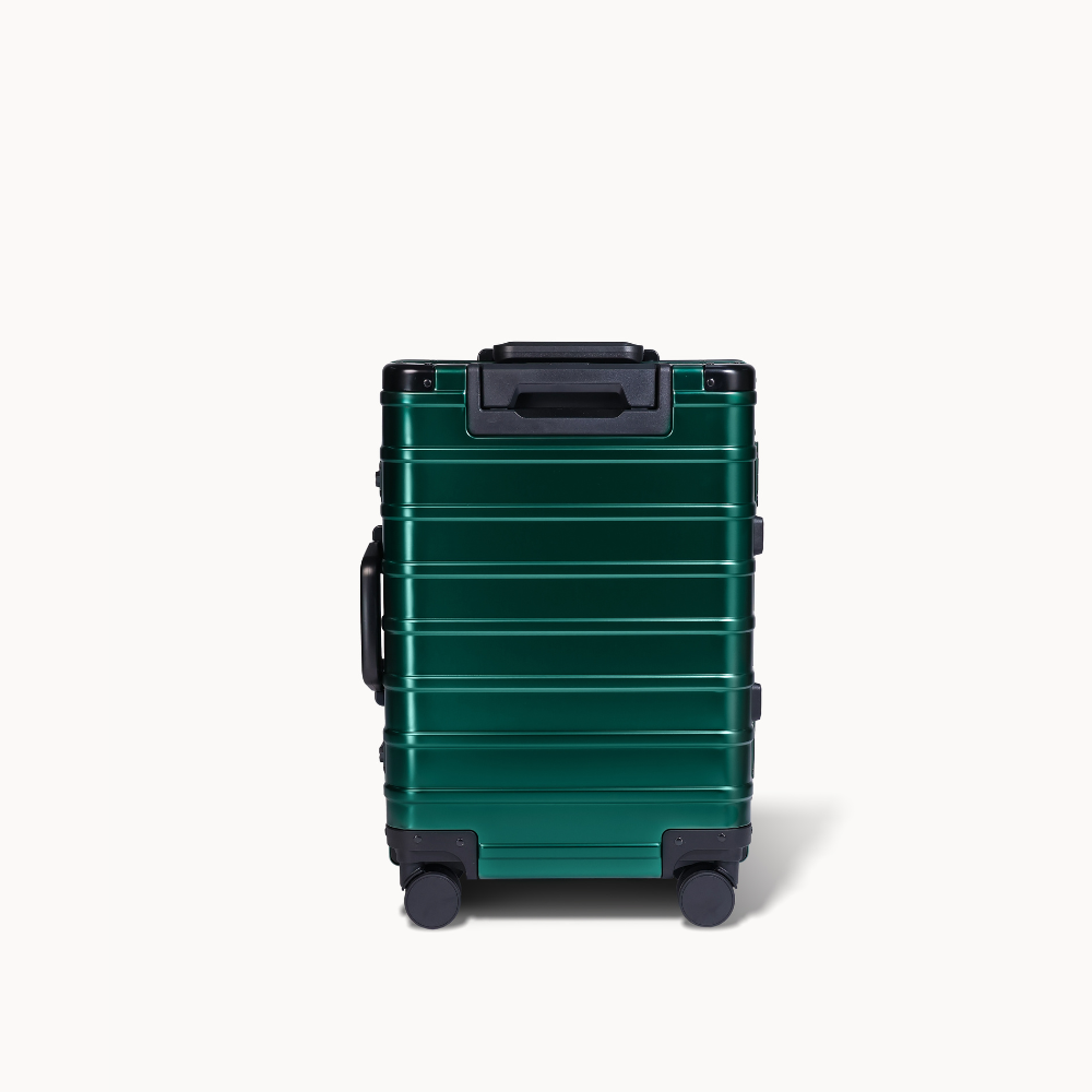 CHAVELLE luxury aluminium suitcase stone green back profile with glossy finish