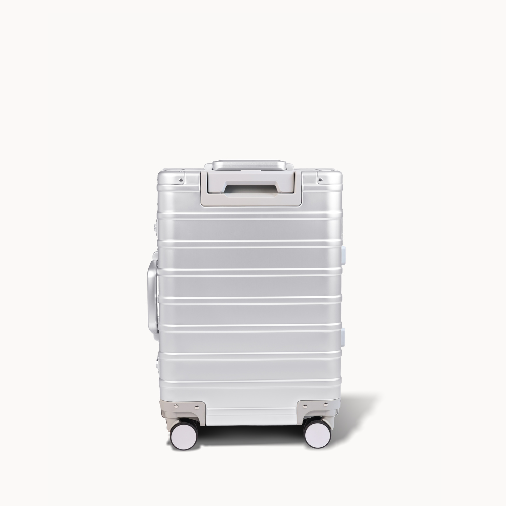CHAVELLE luxury aluminium suitcase silver back profile with glossy finish