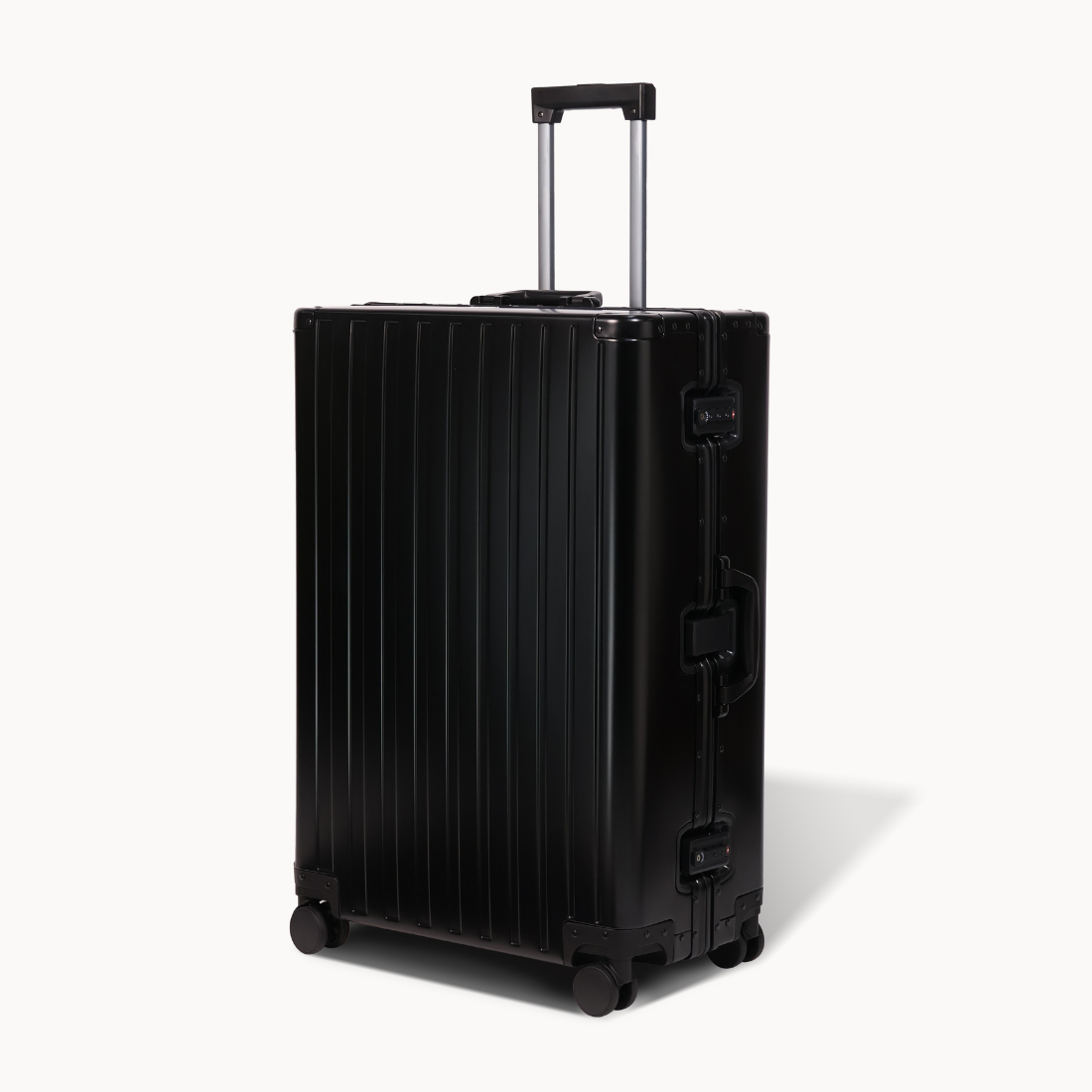 CHAVELLE aluminium suitcase black angled view showing reinforced corners and sleek finish