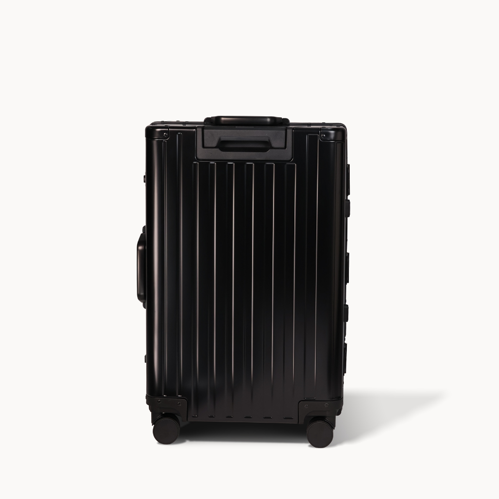 CHAVELLE luxury aluminium suitcase black back profile with glossy finish