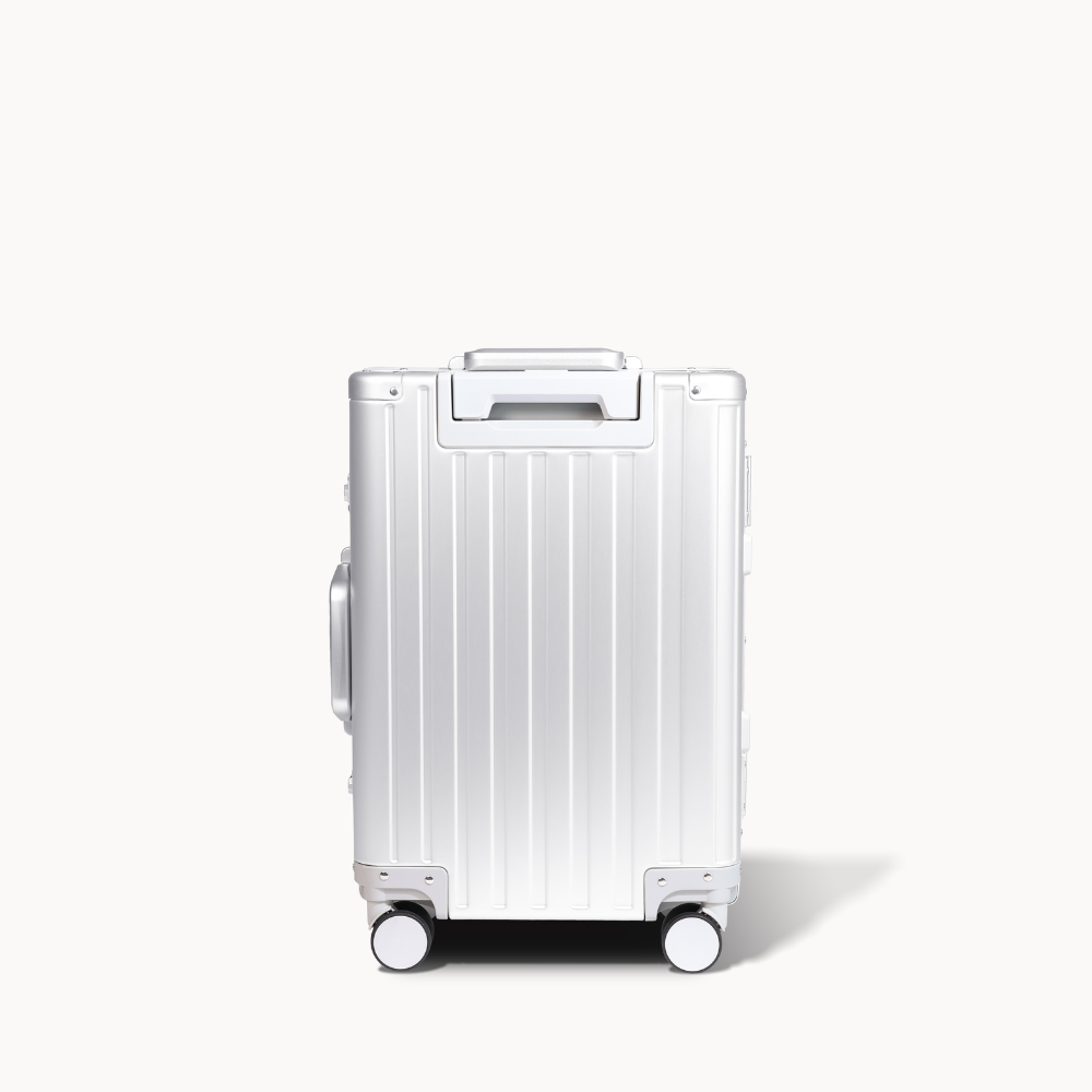 CHAVELLE luxury aluminium silver suitcase back profile with glossy finish