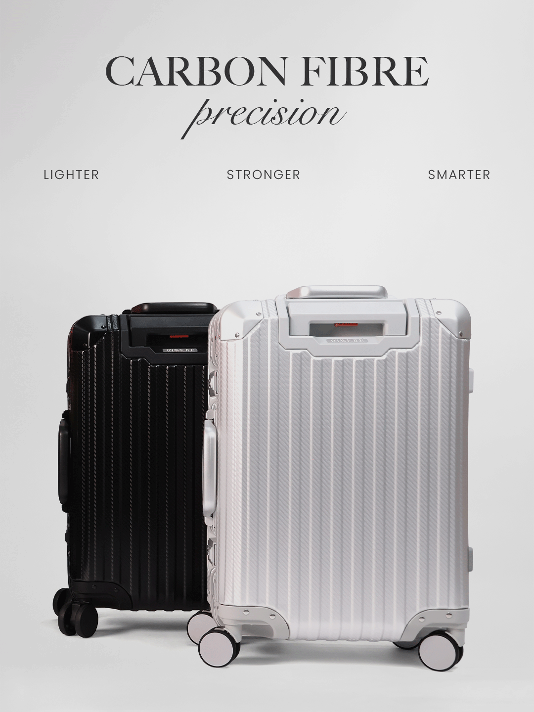 Two suitcases, one black and one silver, with text about carbon fiber properties on a light gray background.