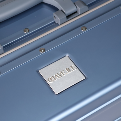 CHAVELLE luxury aluminium suitcase ice blue close-up of top handle and metal logo
