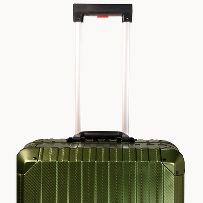 Green suitcase with a black handle on a white background