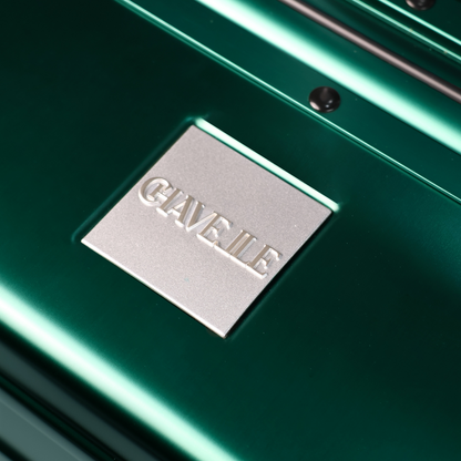 CHAVELLE luxury aluminium suitcase stone green close-up of top handle and metal logo
