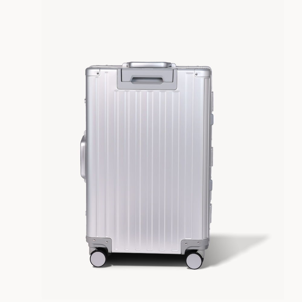 CHAVELLE luxury aluminium suitcase silver back profile with glossy finish