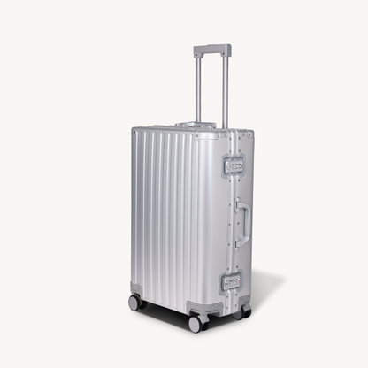 CHAVELLE aluminium suitcase silver angled view showing reinforced corners and sleek finish