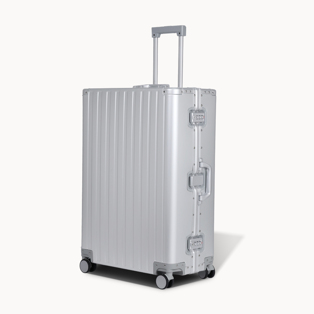 CHAVELLE aluminium suitcase silver angled view showing reinforced corners and sleek finish