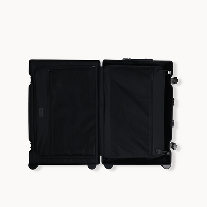 CHAVELLE aluminium suitcase black open view showing spacious interior and compartments