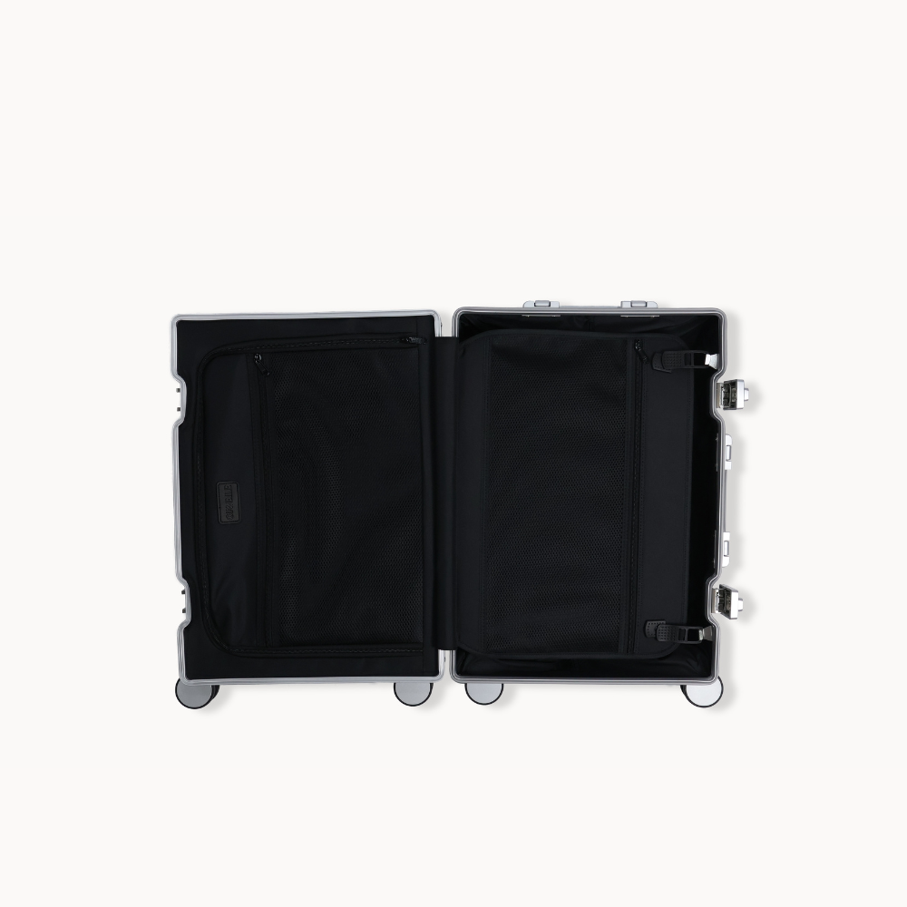 CHAVELLE aluminium suitcase silver open view showing spacious interior and compartments
