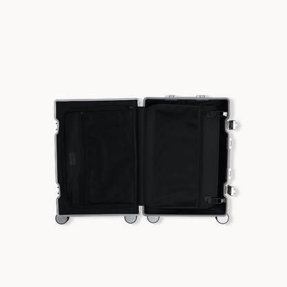 CHAVELLE aluminium suitcase silver open view showing spacious interior and compartments
