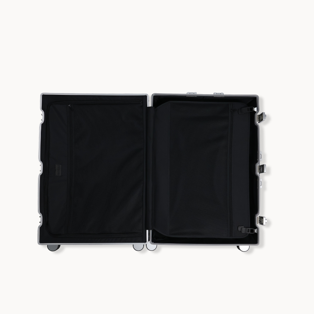 CHAVELLE aluminium suitcase silver open view showing spacious interior and compartments