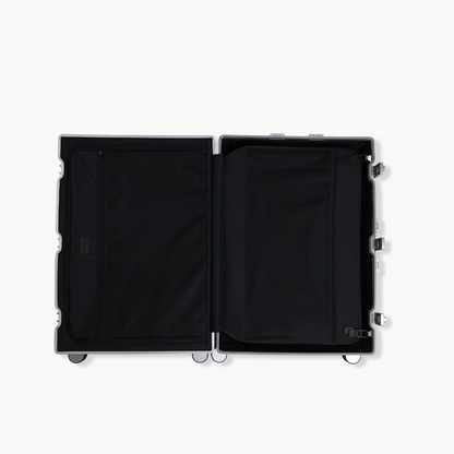 CHAVELLE aluminium suitcase silver open view showing spacious interior and compartments