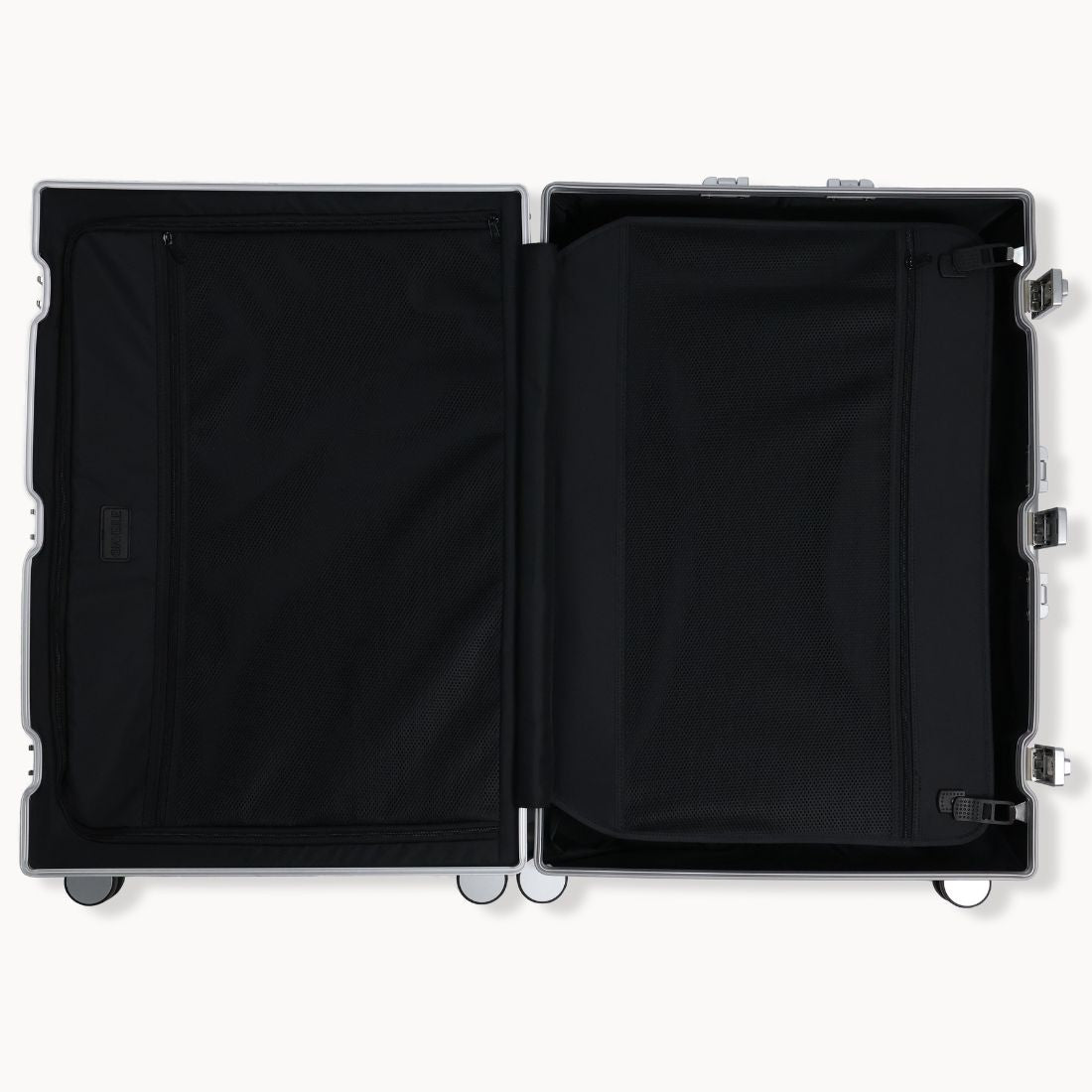 CHAVELLE aluminium suitcase silver open view showing spacious interior and compartments