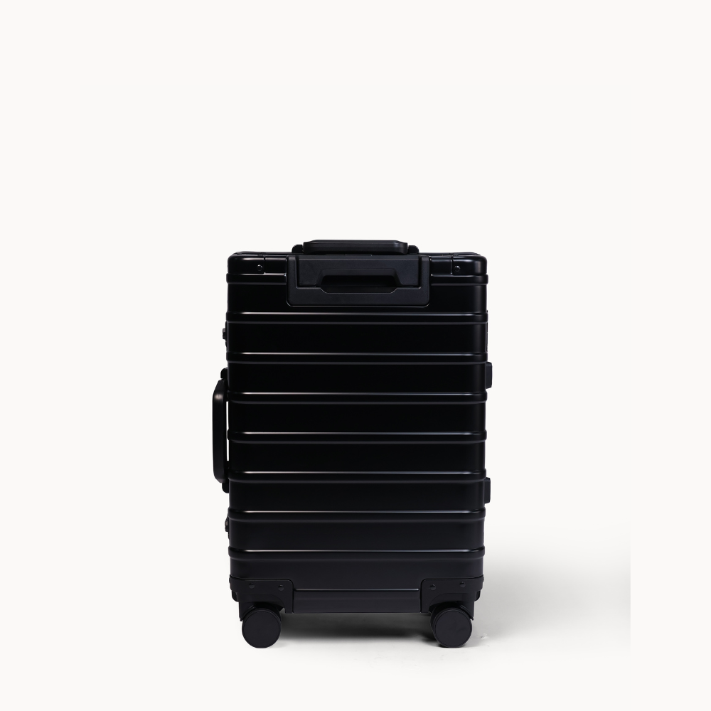 CHAVELLE luxury aluminium suitcase black back profile with glossy finish 