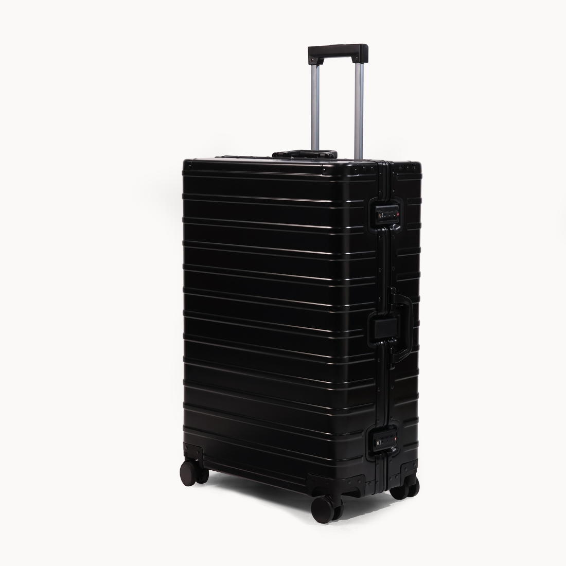 CHAVELLE aluminium suitcase black angled view showing reinforced corners and sleek finish 