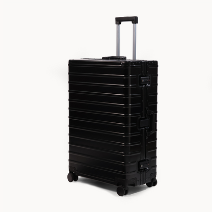 CHAVELLE aluminium suitcase black angled view showing reinforced corners and sleek finish 