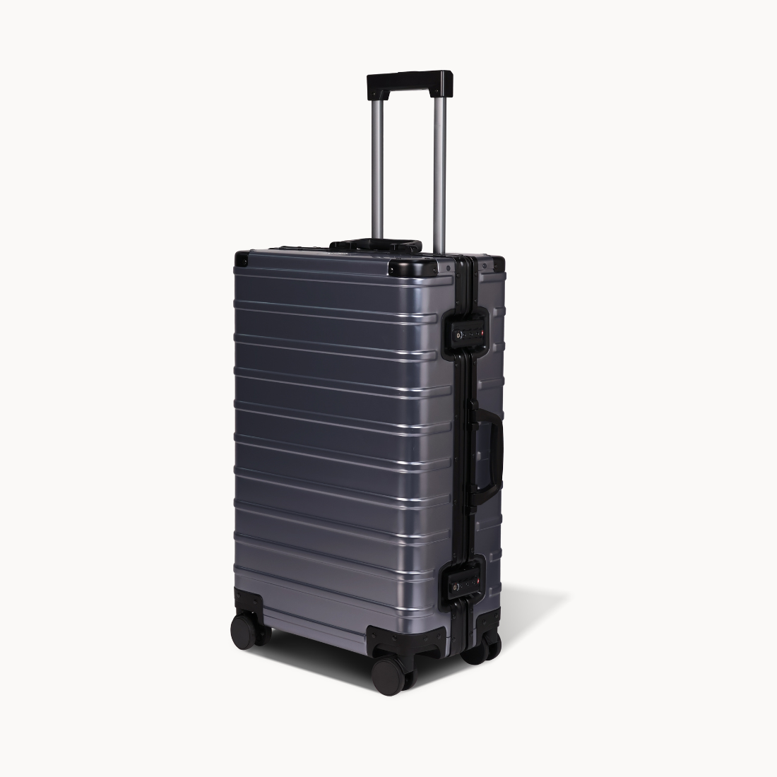 CHAVELLE aluminium suitcase gun metal angled view showing reinforced corners and sleek finish 