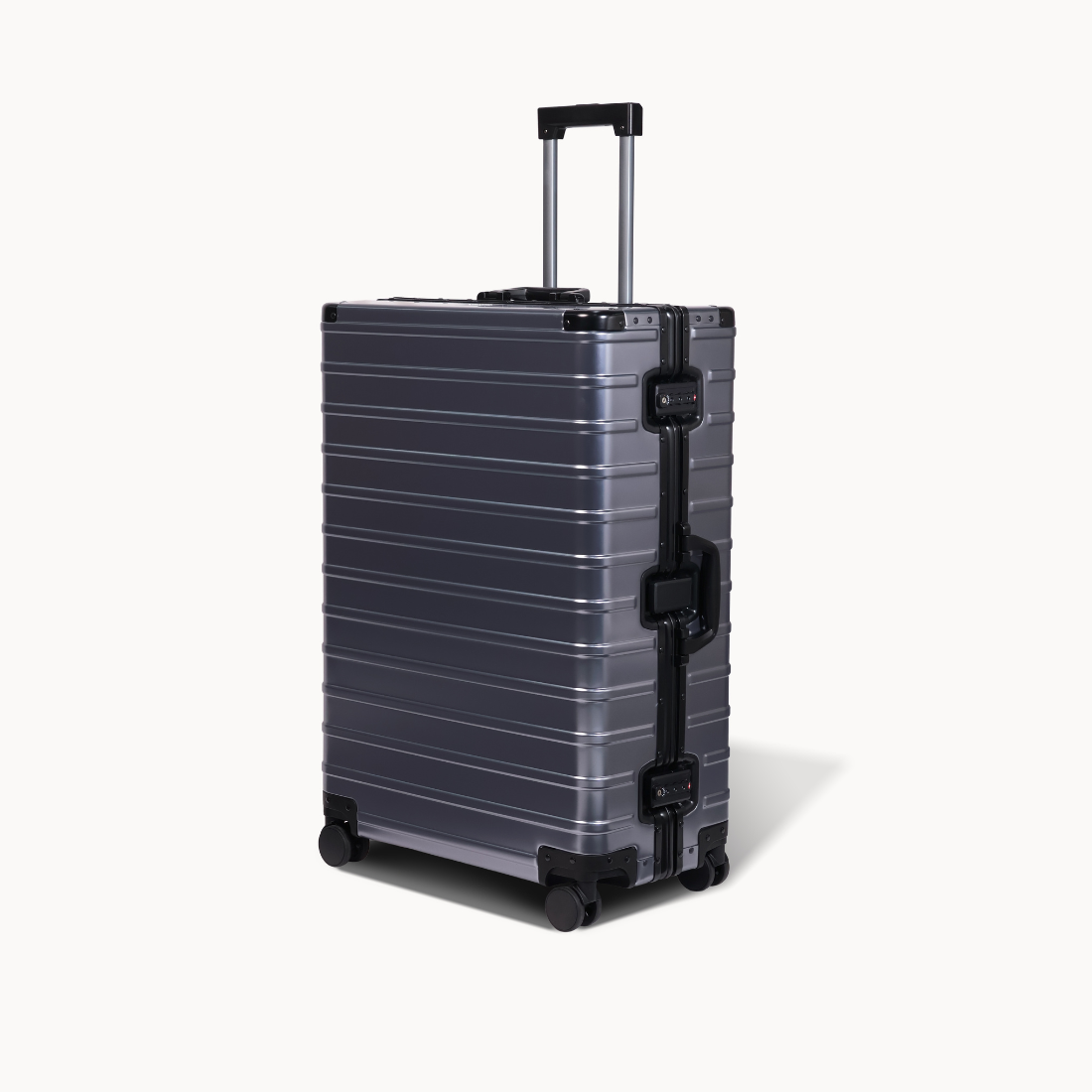 CHAVELLE aluminium suitcase gun metal angled view showing reinforced corners and sleek finish 