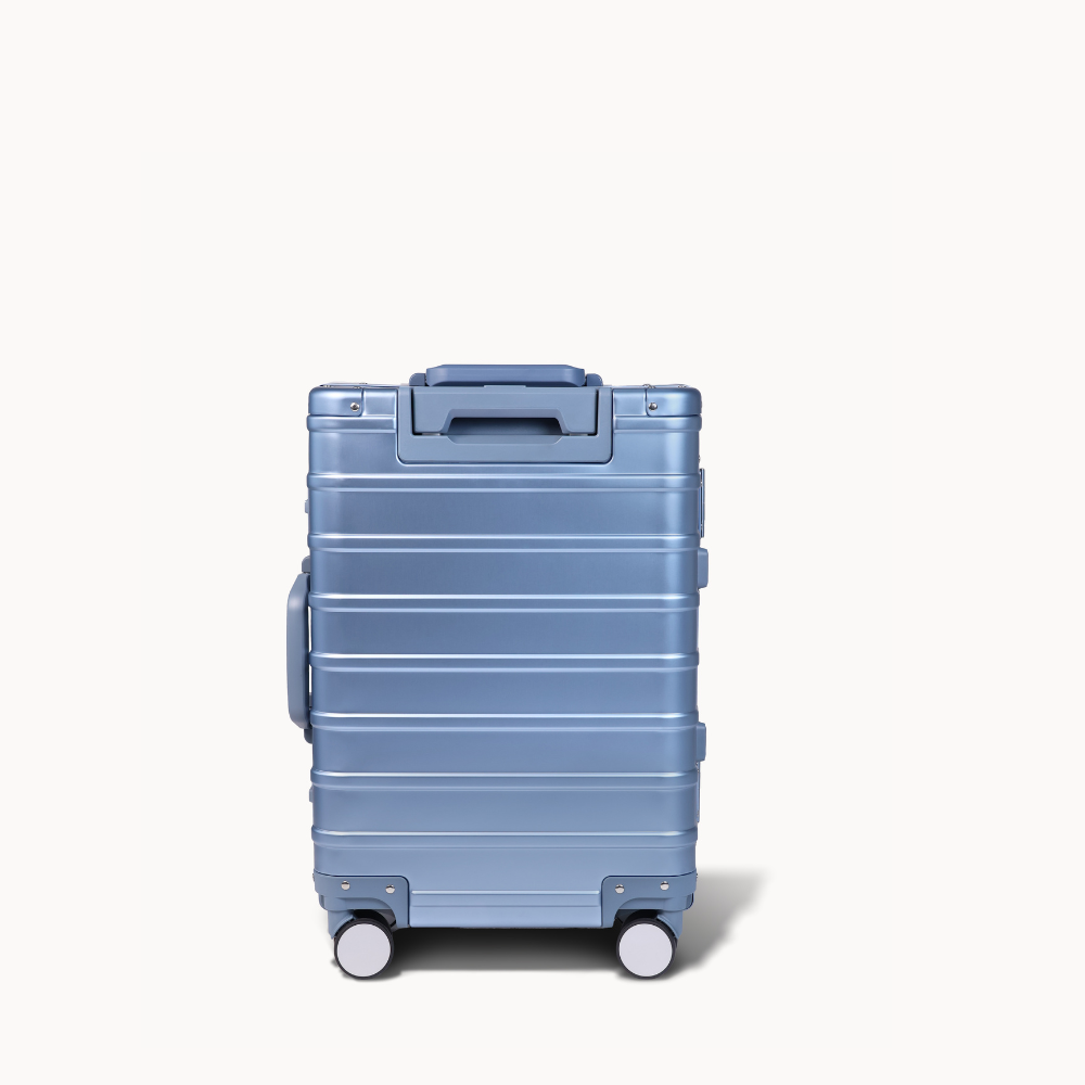 CHAVELLE luxury aluminium suitcase ice blue back profile with glossy finish 