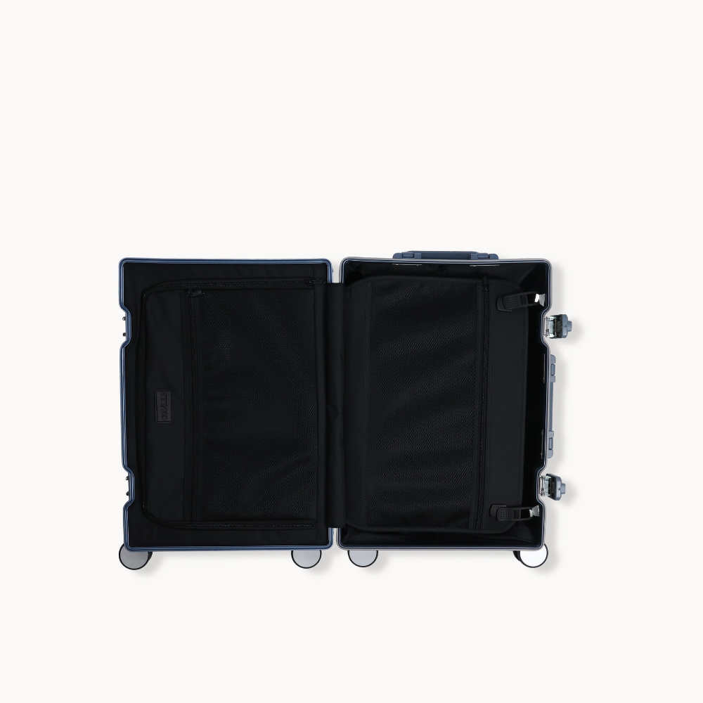 CHAVELLE aluminium suitcase ice blue open view showing spacious interior and compartments