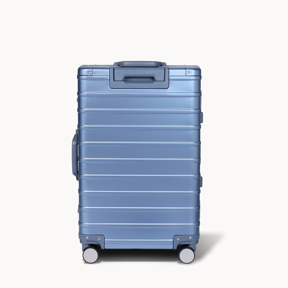 CHAVELLE luxury aluminium suitcase ice blue back profile with glossy finish 