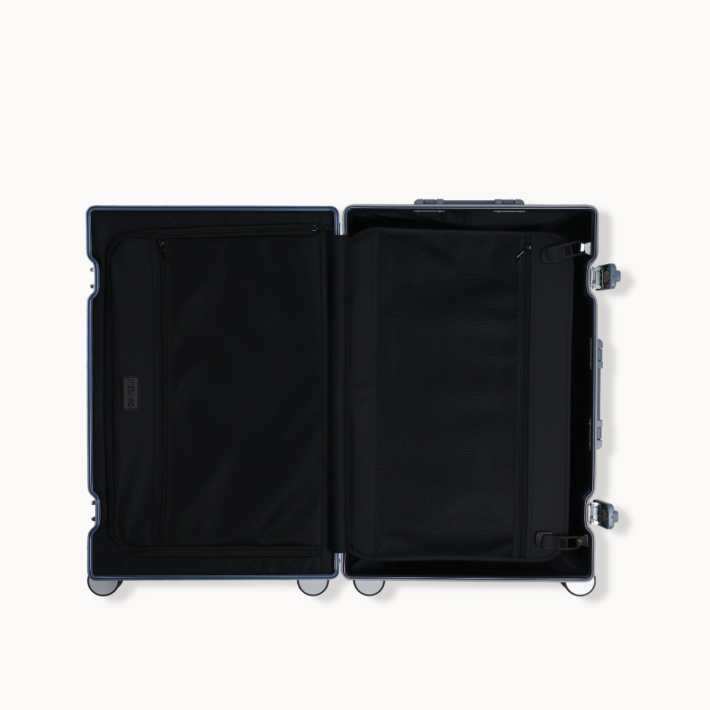 CHAVELLE aluminium suitcase ice blue open view showing spacious interior and compartments