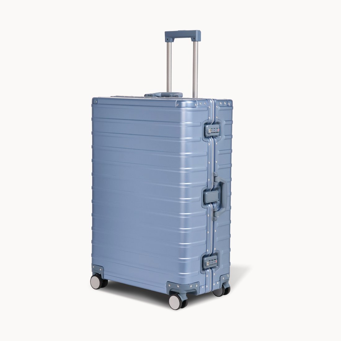 CHAVELLE aluminium suitcase ice blue angled view showing reinforced corners and sleek finish 