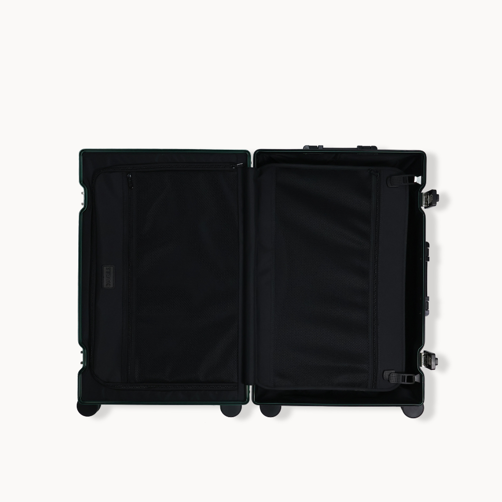 CHAVELLE aluminium suitcase stone green open view showing spacious interior and compartments
