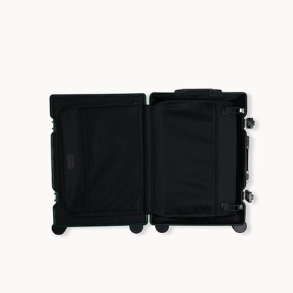 CHAVELLE aluminium suitcase stone green open view showing spacious interior and compartments