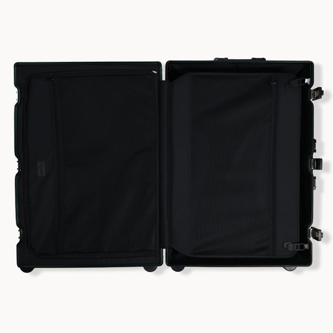 CHAVELLE aluminium suitcase stone green open view showing spacious interior and compartments