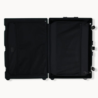 CHAVELLE aluminium suitcase stone green open view showing spacious interior and compartments