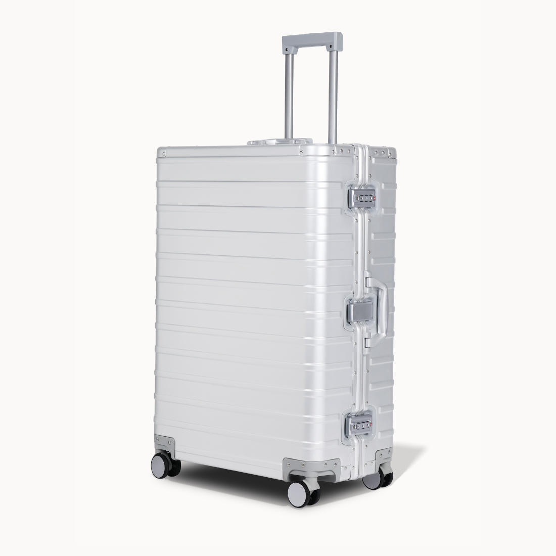 CHAVELLE aluminium suitcase silver angled view showing reinforced corners and sleek finish