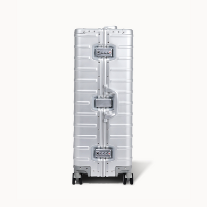 CHAVELLE aluminium suitcase silver close-up of TSA-approved lock and side handle