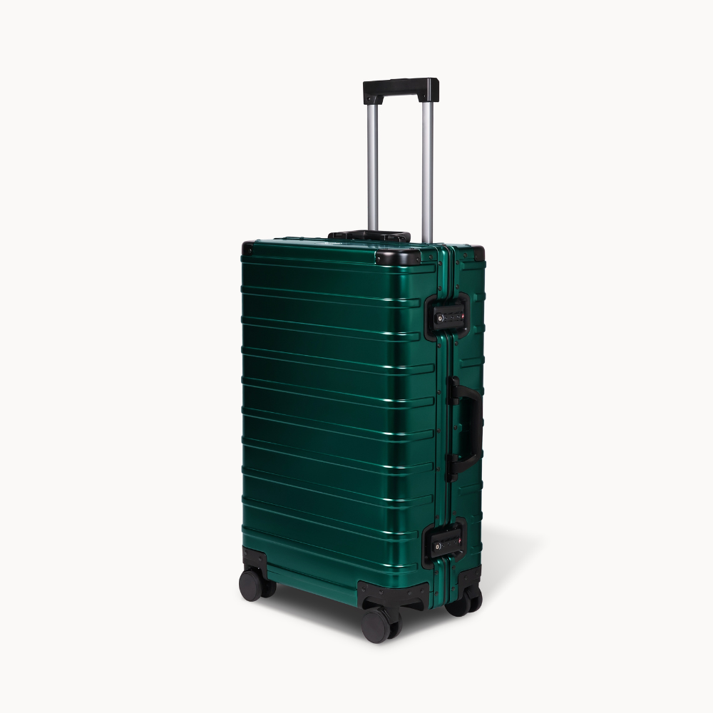 CHAVELLE aluminium suitcase stone green angled view showing reinforced corners and sleek finish