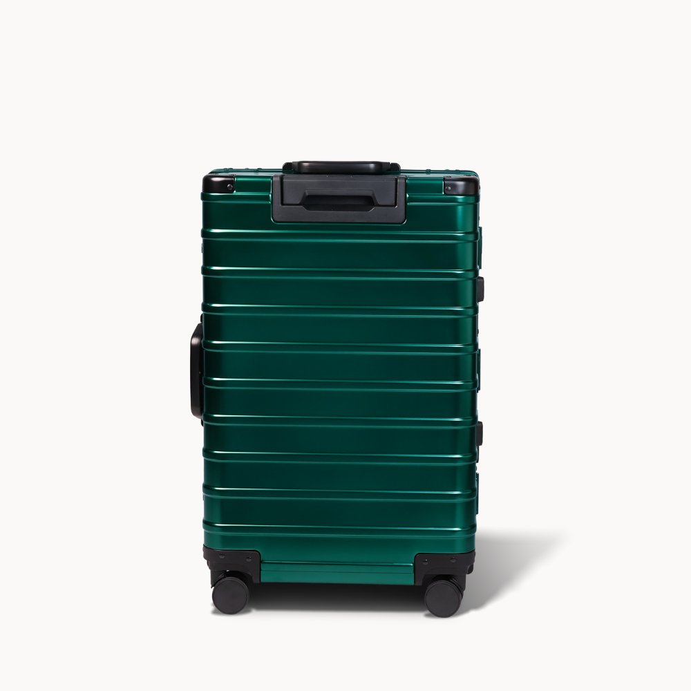 CHAVELLE luxury aluminium suitcase stone green back profile with glossy finish