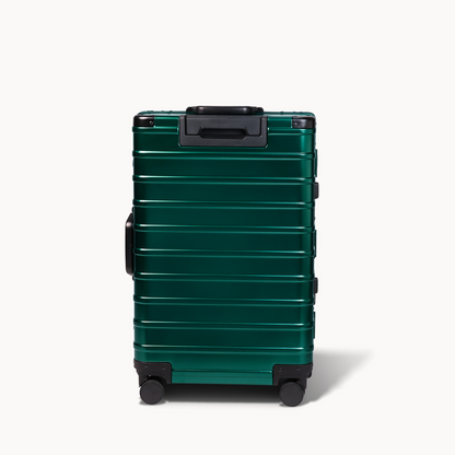 CHAVELLE luxury aluminium suitcase stone green back profile with glossy finish