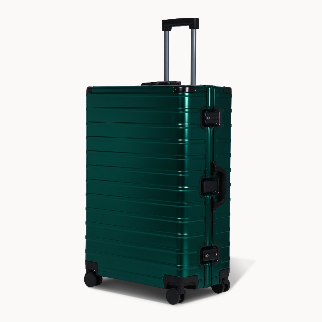 CHAVELLE aluminium suitcase stone green angled view showing reinforced corners and sleek finish 