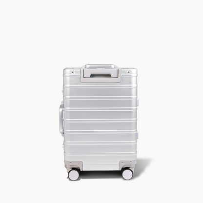 CHAVELLE luxury aluminium suitcase silver back profile with glossy finish
