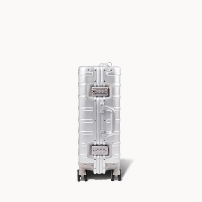 CHAVELLE aluminium suitcase silver close-up of TSA-approved lock and side handle