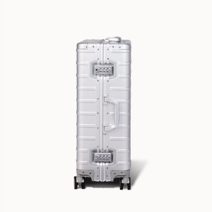 CHAVELLE aluminium suitcase silver close-up of TSA-approved lock and side handle