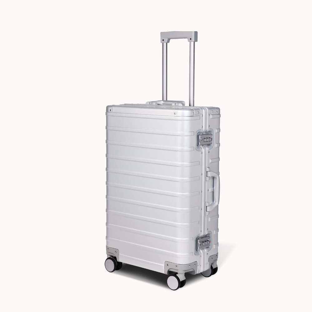 CHAVELLE aluminium suitcase silver angled view showing reinforced corners and sleek finish
