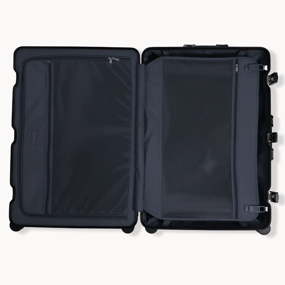 Open black suitcase on a white background