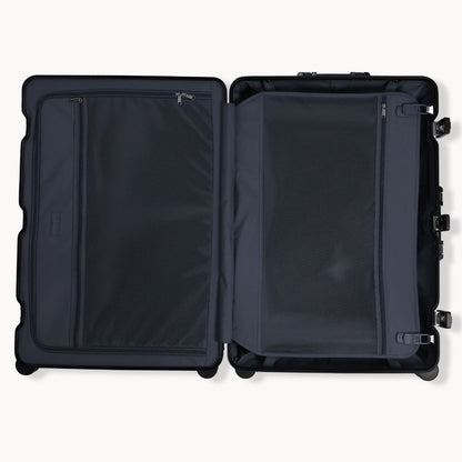 Open black suitcase on a white background