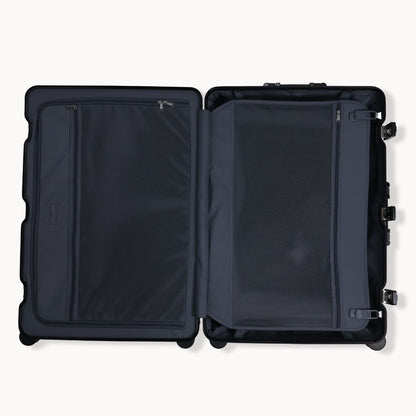 Black suitcase with open lid on a white background