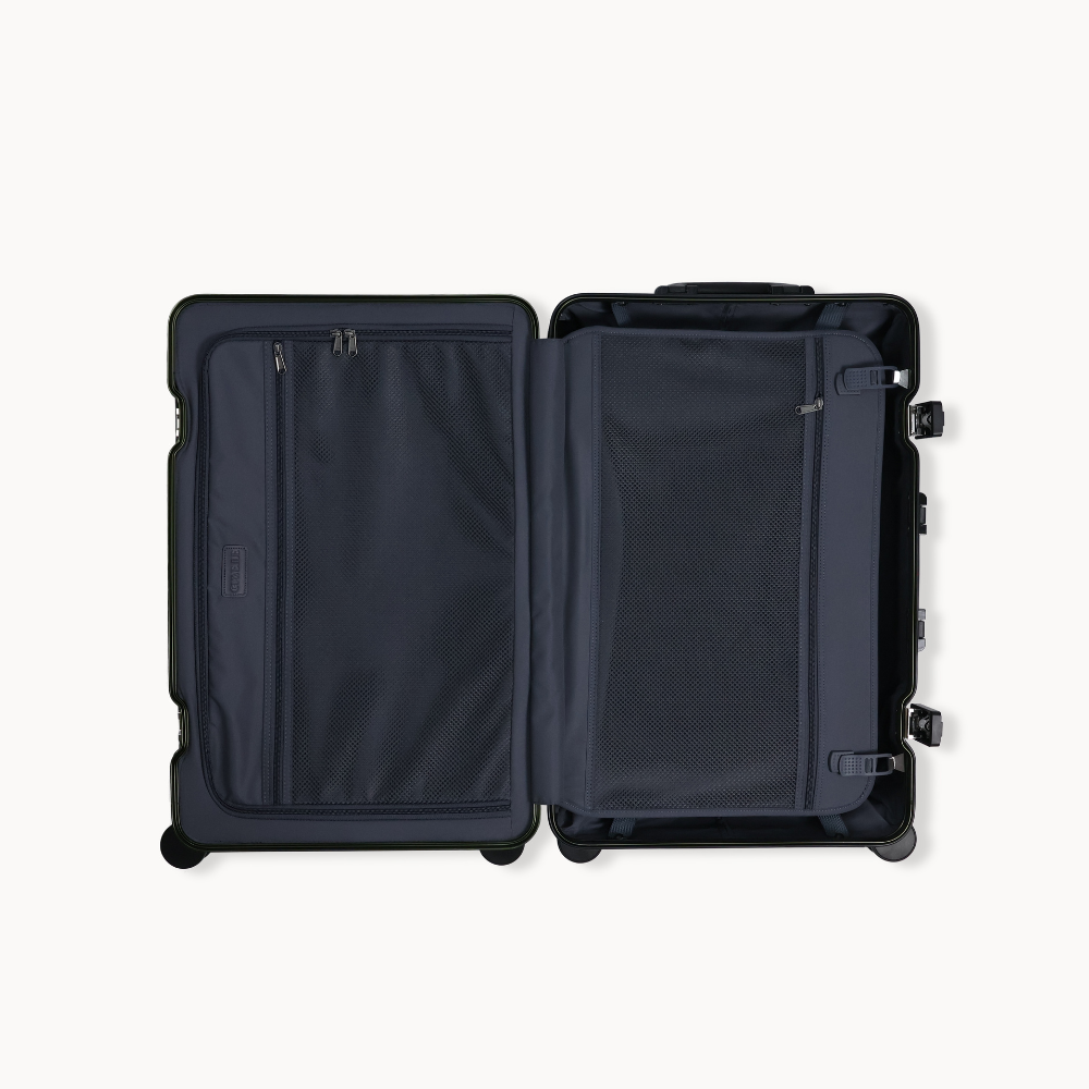 Open black suitcase on a white background