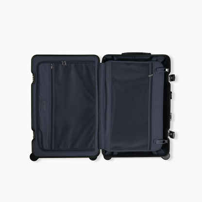 Open black suitcase on a white background