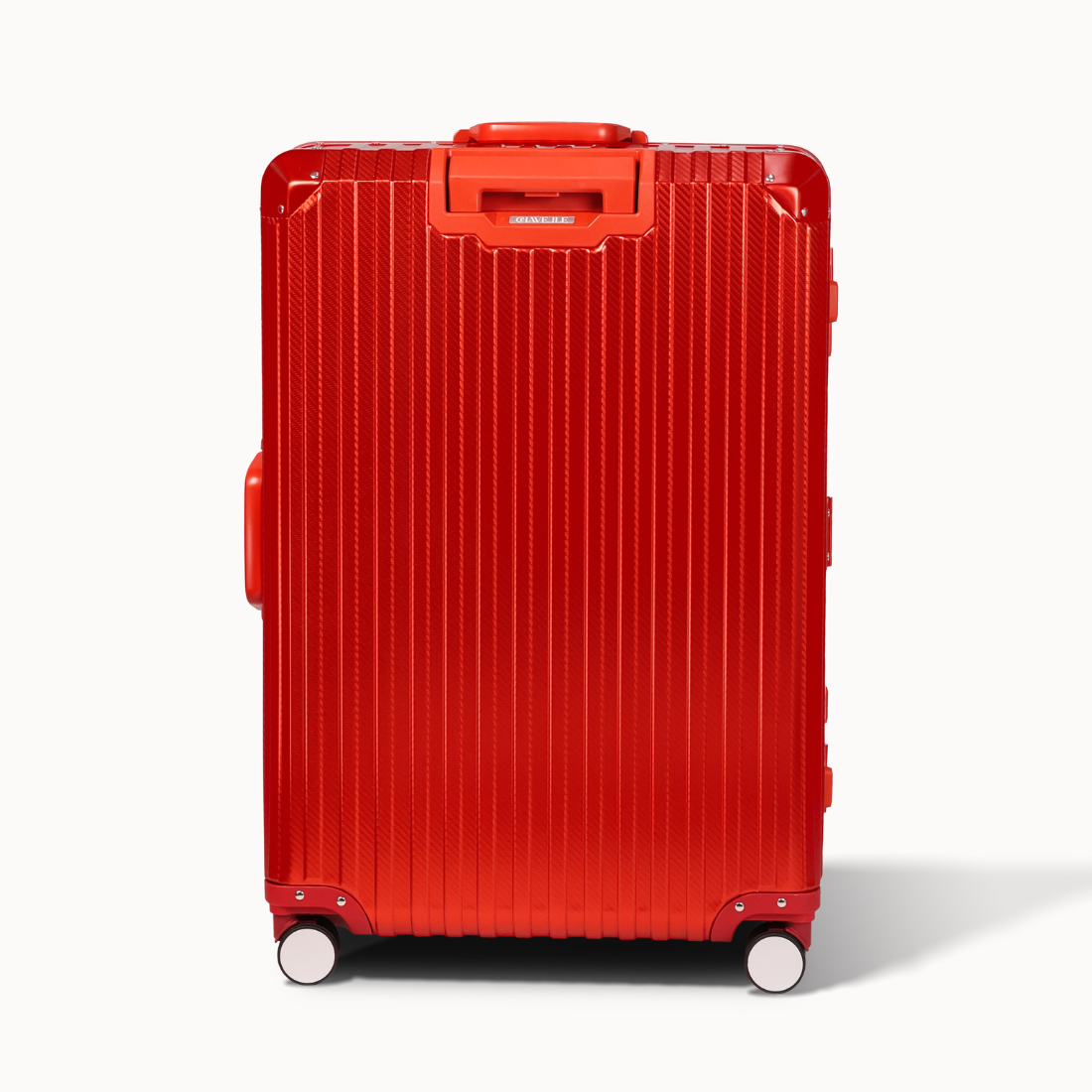 Red suitcase with a textured surface on a white background
