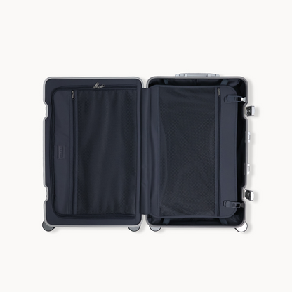 Open black suitcase on a white background